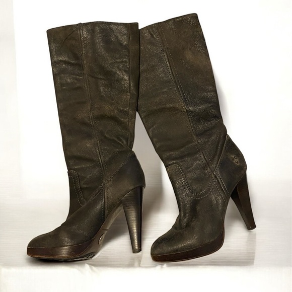 Frye Harlow Campus High Heel Tall Western Boots Charcoal Leather - Picture 1 of 11